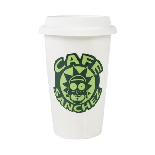 Image of Official Rick and Morty Cafe Sanchez Coffee Cup with Lid [12 oz] Insulated Tumbler, Double Wall Ceramic Travel Mug, Tea Mug, Home, Gym, Outdoors, Hot or Ice Cold Drinks, By JustFunky