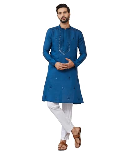 Image of See Designs Men's Long Sleeve Mandarin Collar Side Slit Off-White Embroidered Chanderi Silk Straight Kurta