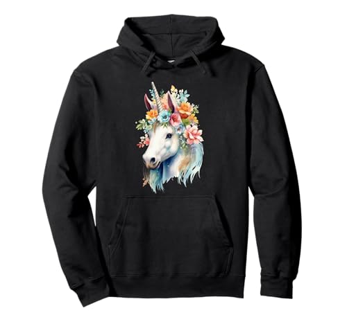 Ethereal Watercolor Unicorn Floral Head Fantasy Art Pullover Hoodie