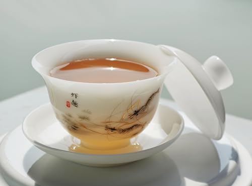 Image of Liang baobao Ice Jade White Porcelain Gaiwan,5oz Teacup Suet-fat Jade Porcelain Chinese Tea Cup Set for Gongfu Tea (shrimp)