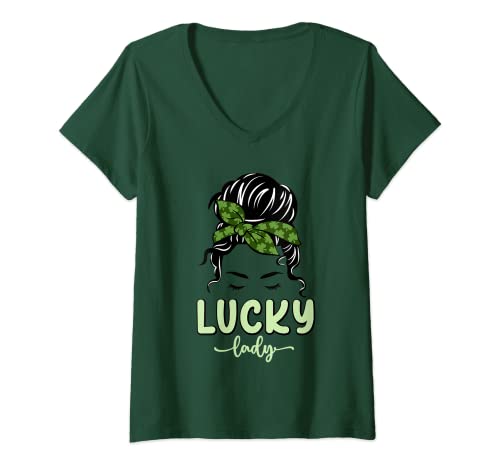 Donna Lucky Lady St Patricks Day Green Women Girls Saint Paddys Maglietta con Collo a V