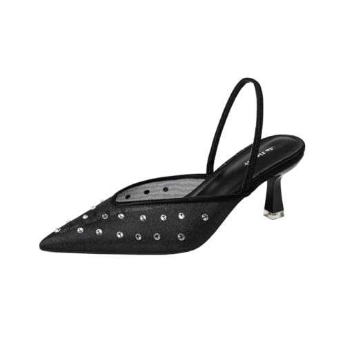 Women's Mesh Pointy Toe Slingback Heels Pearl Kitten Heels Sparkly Closed Toe Pumps Rhinestone Heeled Sandals Slip On Wedding Party Shoes