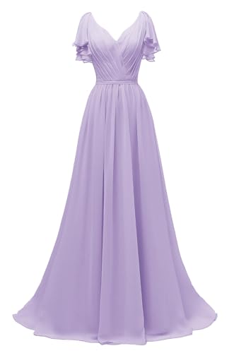 Image of Yexinbridal Ruffle Sleeves Bridesmaid Dresses V-Neck Chiffon Long Formal Wedding Evening Party Gowns for Women