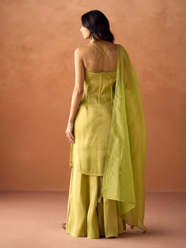Image of FIORRA Women Lime Green Tissue Blend Hand Embellished Kurta Set with Dupatta