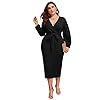 Verdusa-Womens-Plus-Size-Bishop-Sleeve-Plunging-V-Neck-Belted-Bodycon-Dress Verdusa Women's Plus Size V Neck Lantern Sleeve Midi Belted Bodycon Dress Black 2XL