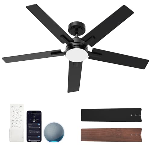 Geinself 52 Inch Ceiling Fans with Lights, Black Smart Ceiling Fan Works with Alexa, LED Fan with Remote and 5 Two-Sided Blades, High CFM Ultra Quiet Large Fan for Bedroom, Living Room