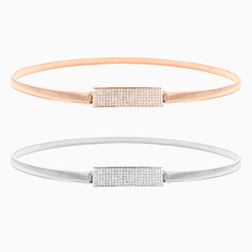 2 PCS Gold Silver Waist Belts for Dress - Thin Skinny Stretch Waist Belt for Women Lady