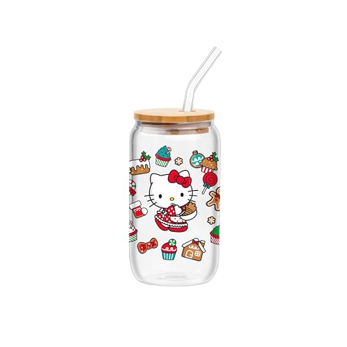 Silver Buffalo Sanrio Hello Kitty Sweet Christmas Holiday Desserts And Gingerbread Houses Glass Jar Tumbler With Bamboo Lid And Glass Straw, 16 Ounces