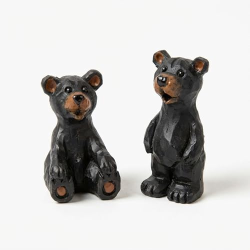 The Bridge Collection Set of 2 Mini Black Bear Figurines – Decorative Black Bear Statues for Cabin Or Lodge Decor – Rustic Wildlife Home Accent
