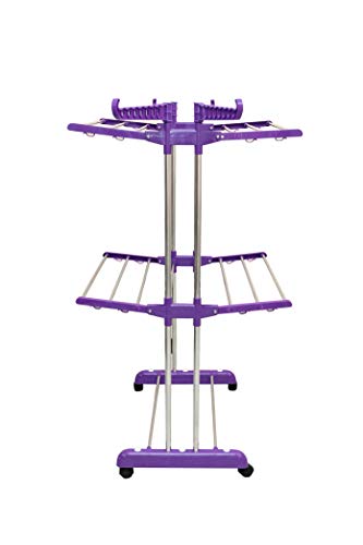 Image of UNIZONE Foldable Double Pole 2-Tier Stainless Steel Clothes Drying Stand with Side Wings | Indoor Outdoor Laundry Hanger Rack for Balcony /Home Use | Space Saver (Purple)