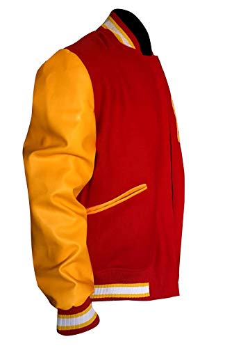 Iii-Fashions Men's Michael M Logo Varsity Baseball Letterman Red & Yellow Bomber Wool + Faux Leather Jacket, Large, Multi #TOP1
