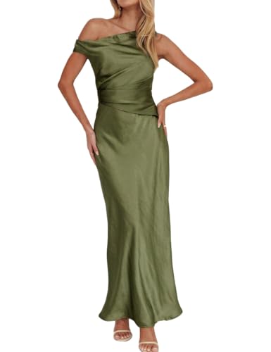 Gmeitoey Women's Summer Elegant Satin Off Shoulder Sleeveless Maxi Dress