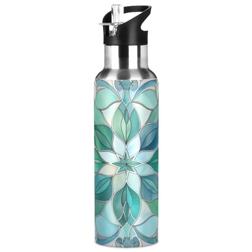 ALAZA Teal Green Blue Floral Water Bottle with Straw Lid Vacuum Insulated Stainless Steel Thermo Flask Water Bottle 20oz