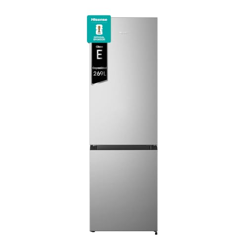 Hisense RB343D4CDE - Frigorífico Combi Cíclico, 269L, Class E, Ancho 55cm x Alto 180cm, Puerta Reversible, Apertura de Puertas 90º, Iluminación Led, Cajón Frutas y Verduras, Gran Capacidad, Inox