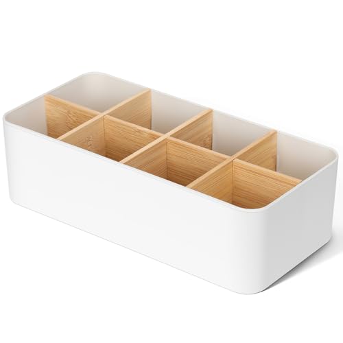 AiQInu Organizador de Escritorio Blanco, Portalapices Escritorio con 8 Separadores Extraíbles, Organizador Oficina para Bolígrafos, Mandos, Tijeras, Accesorios de Mesa
