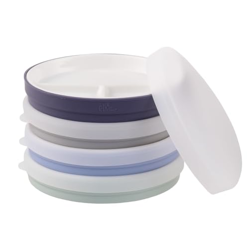 Image of Elk and Friends Kids 6.7” Porcelain Divided Plates with Silicone Sleeves + Silicone Lids | Suitable for Babies/Kids/Toddlers | Microwave & Dishwasher Safe | Non Slip | Snack Dishes