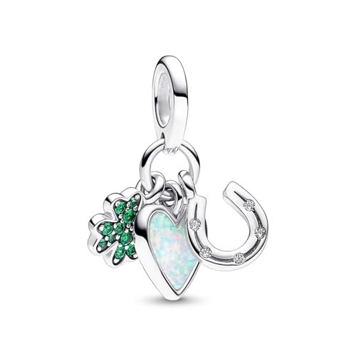 PANDORA Four Leaf Clover, Heart & Horseshoe Triple Dangle Charm - Compatible with PANDORA ME & Moments - Gift for Her - Sterling Silver with Cubic Zirconia & Green Opal - With Gift Box2