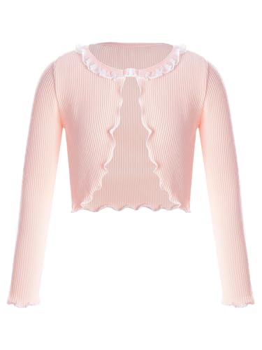 Kids Girls Ballet Dance Wrap Tops Sweater Shrug Coat Long Sleeve Ruffled Trim Open Front Cardigan Dancewear