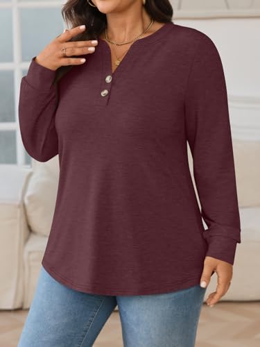 WYNNQUE Womens Plus Size Tops Long Sleeve Henley V Neck T Shirts Business Casual Fall Outfits Loose Fit Dressy Tunics Blouses3