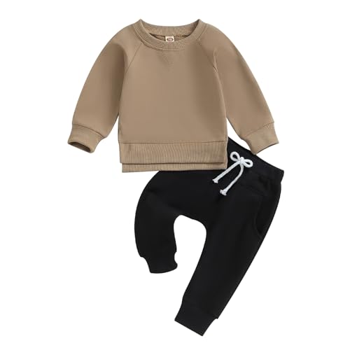 Image of Karuedoo Toddler Baby Boy Girl Fall Winter Outfits Solid Color Crewneck Pullover Sweatshirt and Jogger Pants Set (A-Khaki Black, 0-6 Months)