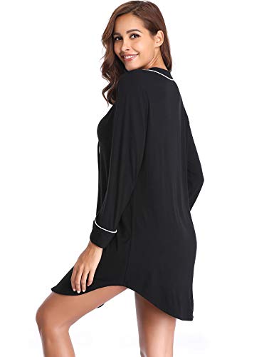 Lusofie Nightgown Women's Long Sleeve Nightshirt Boyfriend Sleep Shirt Button-   up Lapel Collar Sleepwear (Black Solid, X-Large)