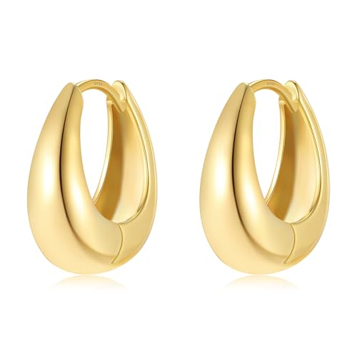 Small Chunky Gold Hoops Teardrop Huggie Earrings 925 Sterling Silver Post 14k Gold Plated Oval Thick Hoop Earrings for Women