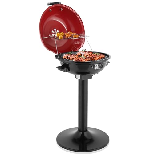 Outopee Electric BBQ Grill, Portable Removable Stand Barbecue Grill with Double Layer Design, Detachable Pull-out Drip Tray for Kitchen Garden Patio Balcony Outdoor & Indoor Use, 1600W, Red