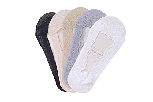 Bella Moda Women's Lace Casual No Show Non-Skid Boat Socks Set Of 5 (Multi Style 2) #TOP27