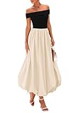 PRETTYGARDEN Womens Summer Off Shoulder Sleeveless Midi Dress Cocktail A Line Flowy Wedding Guest Dresses with Pockets (Black Apricot,Small)