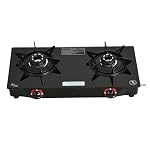 Cello Hexa Toughened Glass-Top 2 Black Aluminium Alloy Burner LPG Open Gas Stove | ISI Certified | Spill Proof | Ergonomic Knobs | Six Prone Pan Support | Pin Brass Burners | 1 Year Warranty