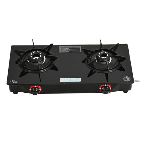 Cello Hexa Toughened Glass-Top 2 Black Aluminium Alloy Burner LPG...