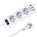 FDTEK Regleta Enchufes de 4 Tomas Corrientes y 3 Puertos USB,Alargador Enchufe USB con Interruptor, Power Strip con Protección contra Sobrecargas, Cable de 1,5 m, Montaje en Pared, 2500W/10A