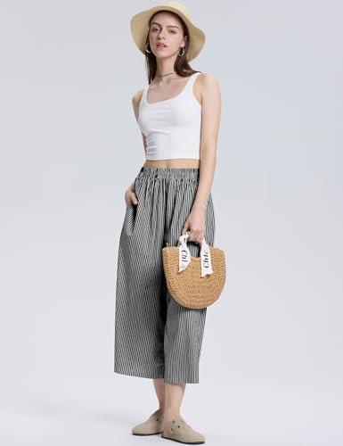 Image of LOMON Womens Wide Leg Capri Pants Gingham Plaid Culottes Summer Elastic Waist Palazzo Trousers Bottoms with Pockets