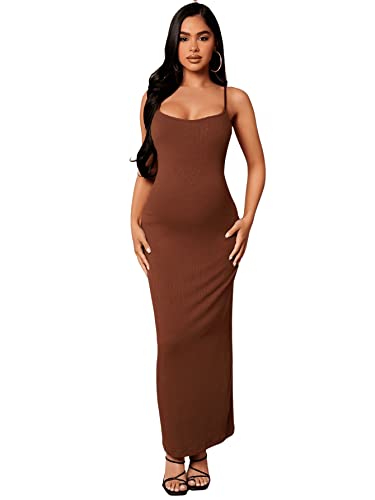 Verdusa Women's Maternity Spaghetti Strap Sleeveless Bodycon Maxi Cami Dress Rust Brown M #TOP4