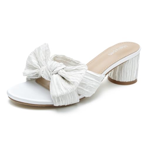 Heiyom Women's Bowknot Low Chunky Heels Mules Sandals Slip on Pleated Bow Heels Wedding Bridal Party Dress Shoes