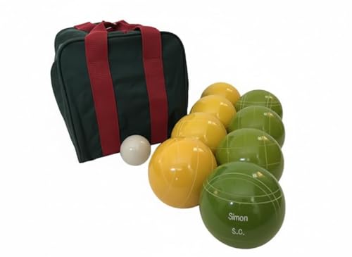 BuyBocceBalls Listing - Made in USA, Premium Quality Engraved Tournament Bocce Set, 998 Grams (2 lbs. 3.2 oz.). Various Bag Colors - 110mm Yellow and Lime Green Balls, Nylon Bag
