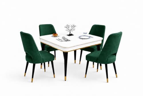 Image of WOODEN SPACE 4 Seater Wooden Dining Table Set | Urban Marble Top Dining Table with Chairs for Dining Room & Kitchen (Modern Vintage Dark Green) (42 x 42 x 30 inch)