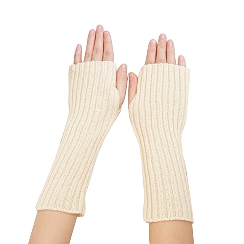 Suxgumoe Armwarmers voor dames, gebreide lange mouwen, vingerloze handschoenen, wanten, winter, polswarmers met duimgat voor dames en meisjes, Een Beige, Eén maat