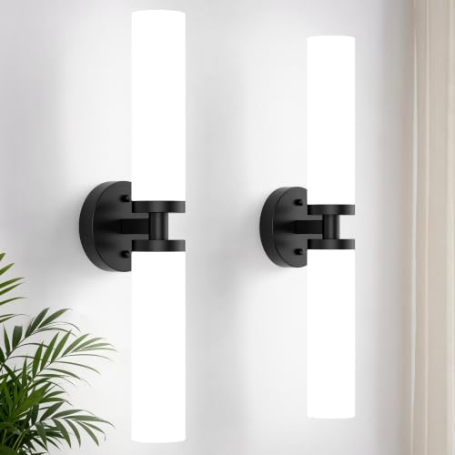 Image of Wall Sconces Set of 2, Matte Black Hardwired Bathroom Light Fixtures, Modern Bathroom Vanity Wall Lighting with Milky White Glass Shade, Farmhouse Wall Sconce for Bedroom Living Room Hallway