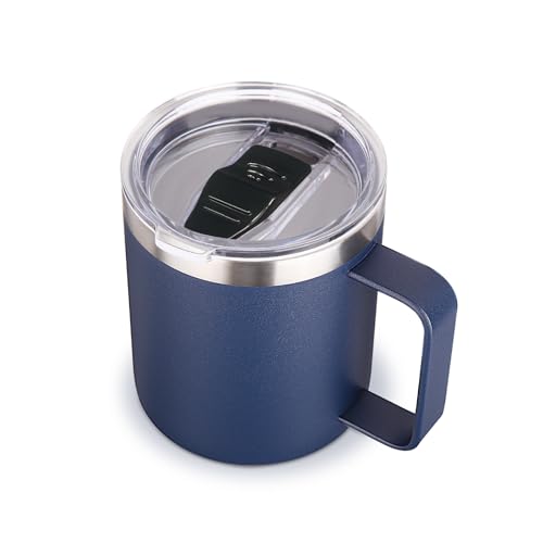 Volhoply 14oz Insulated Stainless Steel Coffee Mug with Leakproof Lid Double Wall Vacuum Travel Coffee Cup with Handle Reusable Metal Tumbler Camping Mugs Keep Hot&Cold Christmas Gifts(Navy 1)