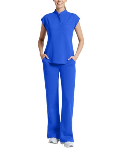 Dvoliaw Scrubs for Women Set, 11-Pocket Sleeveless Top & Straight Leg Pants