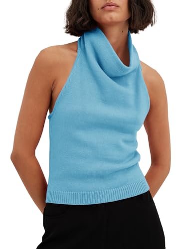 Image of Langwyqu Womens Turtleneck Sweater Vests Sleeveless Knit Halter Tank Tops Sexy Loose Cami Shirts
