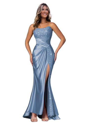 Sparkly Sequins Mermaid Prom Dresses for Women Strapless Satin Formal Evening Dress Long with Slit AP17