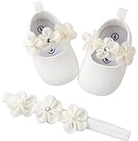 Isbasic Baby Boys Girls Flat Shoes Toddler Soft Sole Mary Jane Pincess Christening Baptism Crib Shoes (0-6 Months, White Shoes+Hairband)