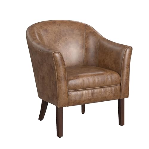 HomePop Modern Barrel Accent Chair, Distressed Brown Faux Leather
