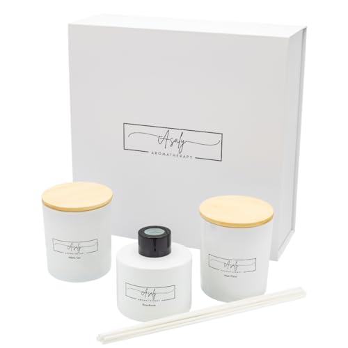 ASALY Luxury Candle Gift Set, 2 Scented Candles and 1 Reed Diffuser. Birthday, Anniversary, Gift Set, Mothers Day Gift. Diffuser Scent of (Rose and Oud), Candle Scents (White Tea and Mon Paris)