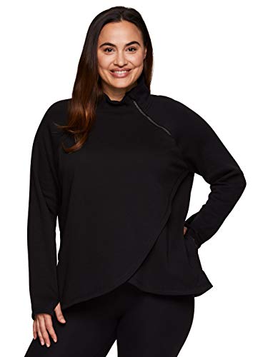 RBX Active Women's Plus Size Zip Mock Neck Long Sleeve Fleece Pullover Sweatshirt With Pockets F20 Black 1X