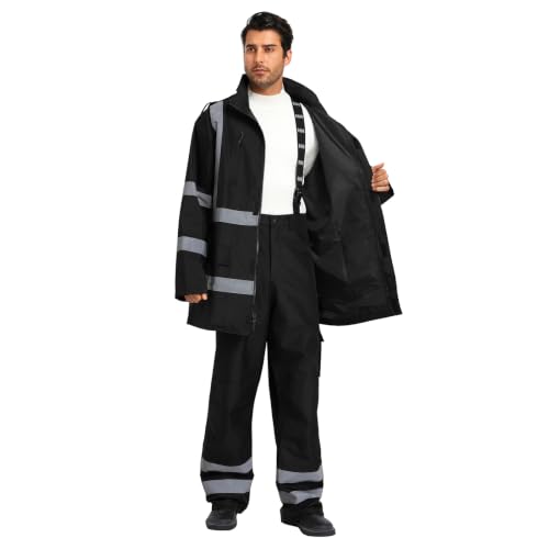 Image of 3-Piece Hi-Vis Rain Suit, Safety Jacket with Hood & Bib Overalls