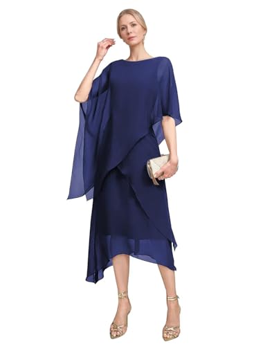 Tea Length Mother of The Bride Dresses for Women Chiffon Wedding Guest Dresses Cap Sleeve Formal Evening Gown