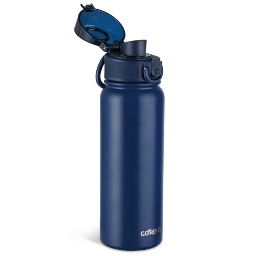 GOPPUS Insulated Water Bottle 20oz Stainless Steel BPA-Free Sports Bottle Ideal for School and Travel Silicone Spout Lid Prevents Leaks, Sweat, and Dust (Dark blue)